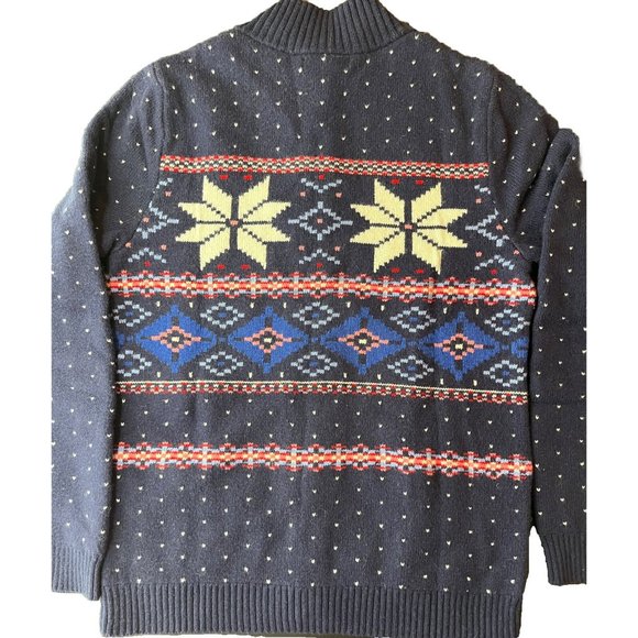 Lands End Cardigan Sweater Fair Isle Heavyweight Blue Button Up Cotton Winter S - Picture 2 of 13